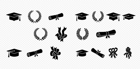 A collection of graduation themed icons including caps, diplomas, laurel wreaths, and ribbons.