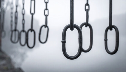 Obraz premium 霧の中に垂れ下がる鉄のチェーンのシネマティック背景 – Hanging Iron Chains in Fog with a Moody Cinematic Atmosphere