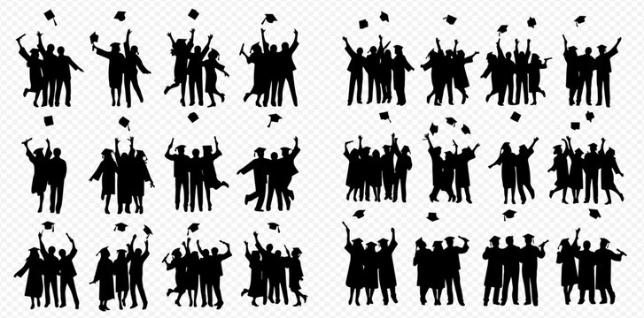 Silhouettes of graduating students throwing their caps in the air.