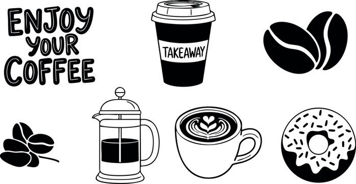 Coffee cup with latte art, takeaway cup, coffee beans, donut and French press vector icons for cafe design and branding
