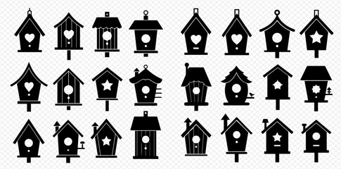 Fototapeta premium A collection of birdhouse silhouettes in various shapes and designs, all in black against a transparent background.