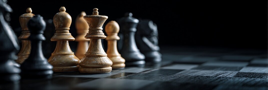 Capturing the strategic essence of a chess game, this close-up of beautifully carved pieces highlights the artistic details and contrasts between the classic black and white colors.