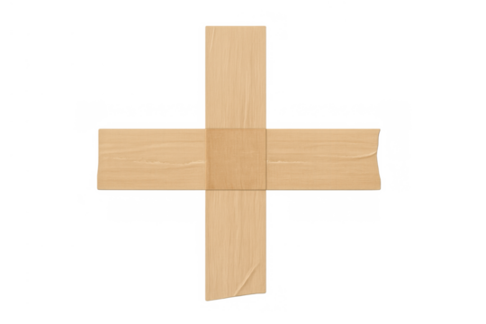 Masking tape cross creating a plus sign on transparent background, forming a handmade adhesive sticker or element