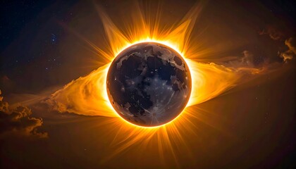 Obraz premium Ethereal solar eclipse with bright corona, dark moon disc in a cloudy cosmic sky with a starfield backdrop
