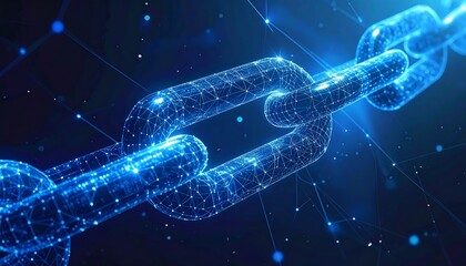 Digital chain link, rendered in glowing blue, suggesting connectivity and security against a dark network backdrop