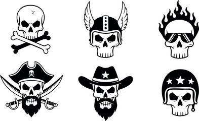 Fototapeta premium Skull designs with pirate, viking, cowboy and biker themes in black and white vector art