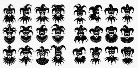 Fototapeta premium Collection of black and white jester mask illustrations in various styles and designs.