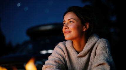 Woman enjoying campfire under starry night sky