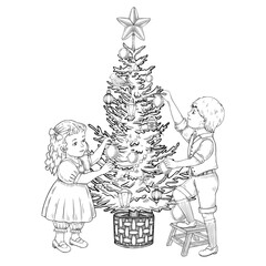 Christmas Tree vector illustration with children decorating tree with ornaments. Linear drawing with boy and girl decorating pine with baubles and star for vintage Xmas greeting cards or New Year art.