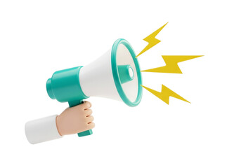 A hand holding a megaphone, broadcasting a message with yellow lightning bolts symbolizing a loud announcement or alert