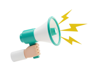 A hand holding a megaphone, broadcasting a message with yellow lightning bolts symbolizing a loud announcement or alert