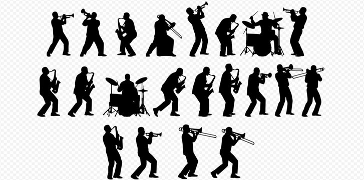 Silhouettes of musicians playing various instruments in a band.