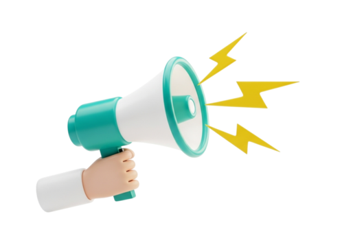 A hand holding a megaphone, broadcasting a message with yellow lightning bolts symbolizing a loud announcement or alert