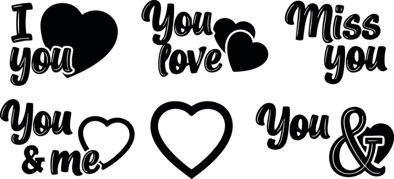 Love-themed calligraphy with hearts and romantic phrases for relationship design and affection vector art