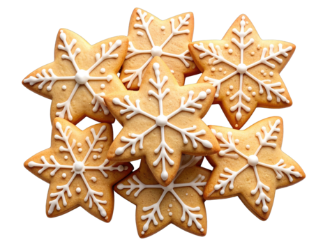 Festive star shaped sugar cookies with intricate white icing decoration.