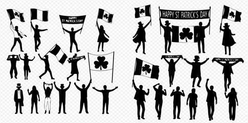 Silhouettes of people celebrating St. Patrick's Day and showing national pride with Peruvian and Canadian flags and banners.