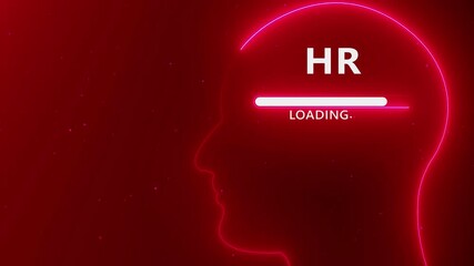 Neon Human Head Silhouette with HR Loading Bar on Red Particle Background glowing