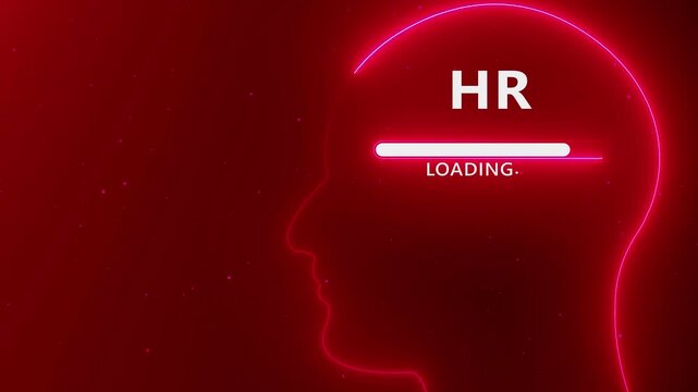 Neon Human Head Silhouette with HR Loading Bar on Red Particle Background glowing