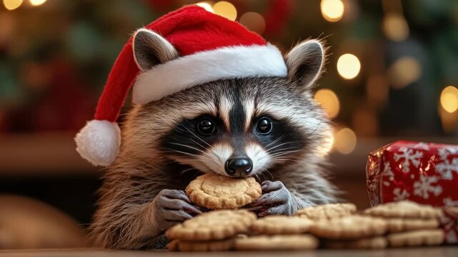 Funny fat raccoon in Santa hat stealing cookies from Christmas table with surprised guilty face under warm festive lights, humorous holiday meme concept