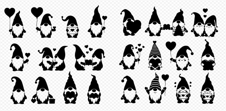 Collection of cute gnome silhouettes with hearts, balloons, and gifts, perfect for Valentine's Day or romantic themes.
