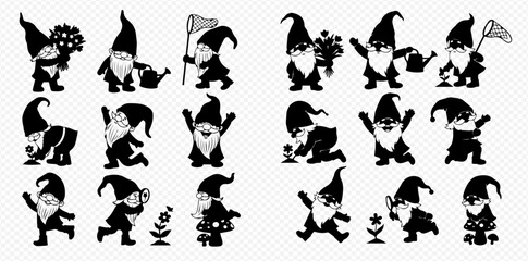 Collection of garden gnomes in various poses, engaged in gardening activities and playful actions.