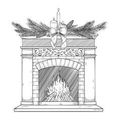 Vector illustration of a Christmas fireplace with burning fire, candles and pine branches. Linear drawing of cozy interior element for holiday Xmas greeting cards or New Year party invitations.