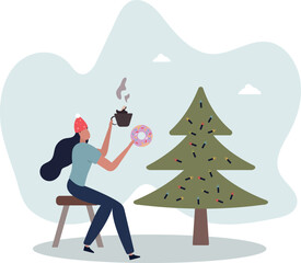 A woman drinks coffee and eats a donut with cream. Garlands on a Christmas tree.