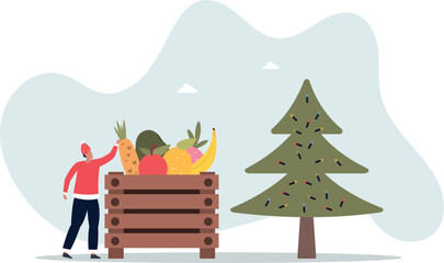 Christmas sale of vegetables and fruits. The seller displays the goods.