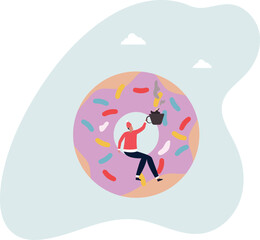 Coffee and a donut for Christmas. The character drinks the aromatic drink.