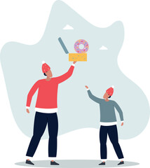 A father gives his son a delicious donut in a festive package.