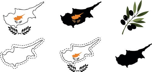 Cyprus map icons with olive branch and leaves vector set in black and orange colors for cultural and geographical design elements