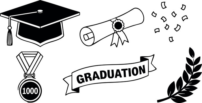 Graduation cap diploma medal laurel wreath confetti celebration academic achievement design vector illustration