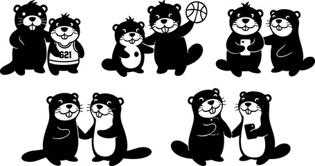 Obraz premium Cute otters playing basketball and standing in pairs in black silhouette vector design illustration