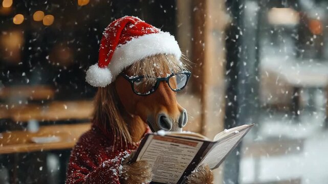 Horse red santa cap wearing tiny glasses reading book in Christmas caf&eacute;, snow falling outside, intellectual meme, copy space,
