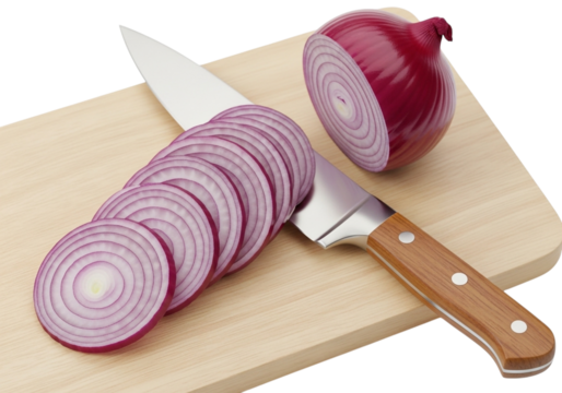 Red onion sliced on a wooden cutting board with a knife