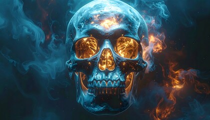 Eerie skull with blue light and orange glowing in the eye sockets, surrounded by smoke and fire