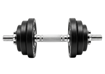 A pair of adjustable black metal dumbbells with silver handles