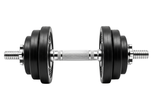 A pair of adjustable black metal dumbbells with silver handles