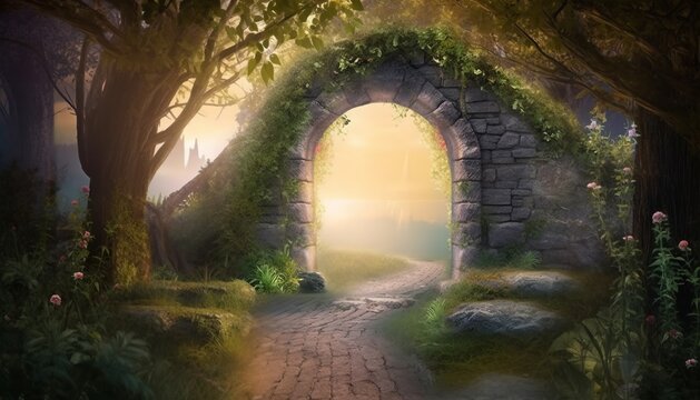 Archway in an enchanted fairy garden landscape, can be used as background
