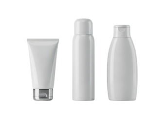 Three white cosmetic bottles and tubes