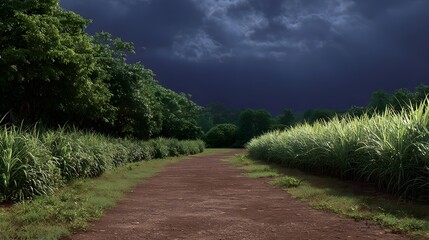 A dirt path winds through lush green vegetation under a dramatic dark stormy sky