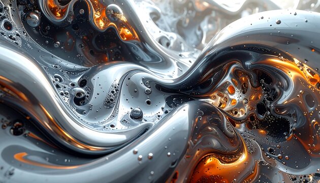 Flowing metal and molten gold abstract with swirling shapes and reflective highlights