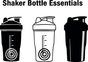 Shaker bottle essentials collection with different styles and measurements for fitness and hydration needs