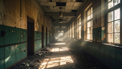 点滅する灯りと割れた窓が不気味さを増す廃校のホラー廊下 – Abandoned School Hallway with Flickering Lights and Broken Windows