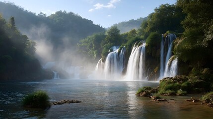 Fototapeta premium Majestic cascading waterfalls pour into a serene river amidst lush green vegetation and mist on a clear day