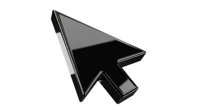 A glossy black computer mouse cursor arrow
