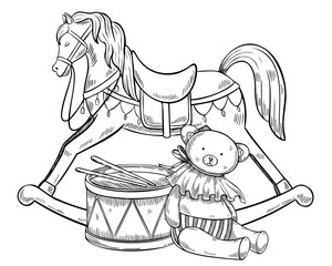 Rocking Horse with Teddy Bear and retro drum watercolor illustration. Drawing of vintage baby Toys in red and green colors on isolated background for childish greeting cards or kids invitations.