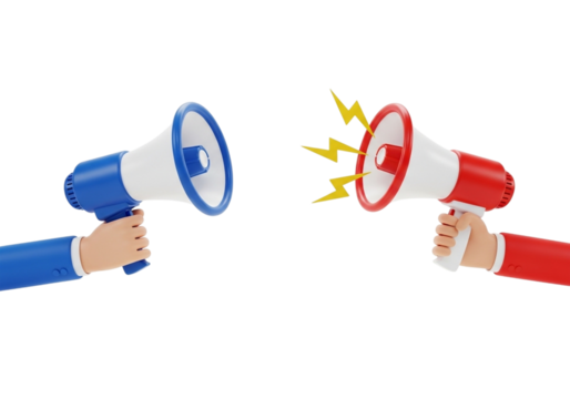 Two cartoon hands holding megaphones, one blue and one red, facing each other