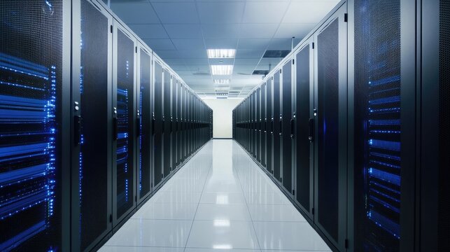 Modern IT server room with blue illuminated racks in a bright corridor interior, suitable for technology presentations, cloud infrastructure concepts, and digital industry visuals
