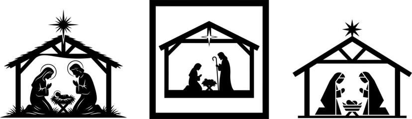 Fototapeta premium Nativity scene silhouettes within stable structures, depicting the birth of jesus